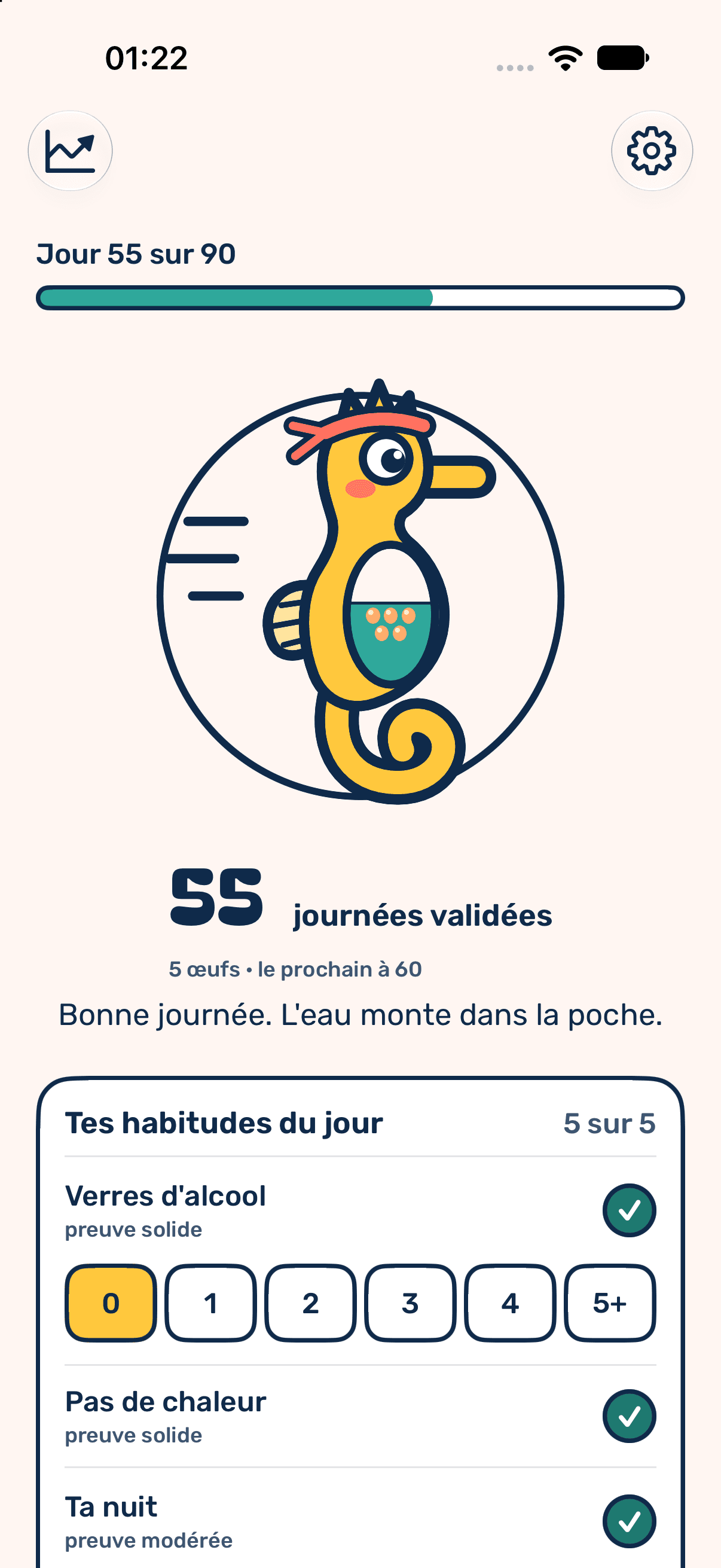 Écran Aujourd'hui au jour 55 sur 90 : l'hippocampe jaune, sa poche à moitié pleine d'eau avec cinq œufs qui y flottent, le compteur « 55 journées validées », la mention « 5 œufs · le prochain à 60 », le message « Bonne journée. L'eau monte dans la poche. » et la carte « Tes habitudes du jour » à 5 sur 5.